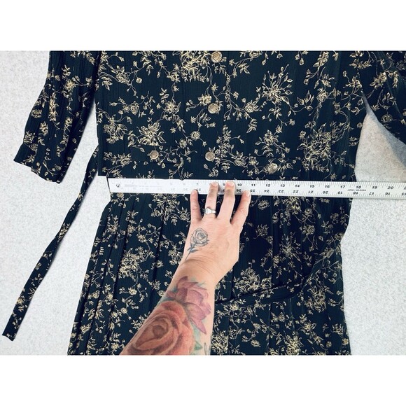Vintage Peri Petites Black & Gold Floral Dress - Buttons - Size 14 - Retro Soft - Picture 10 of 11